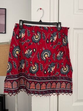 Red Floral Border Mini Skirt with Navy Accents